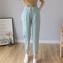 iPSTO SALE 코튼린넨 여성 9부 면 바지 여름 밴딩 팬츠