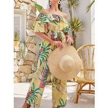 점프수트 점프슈트 jumpsuit 여성용 점프 슈트 Dew Shoulder 프린트 반팔 레이스 업 여름 리조트 비치 우아