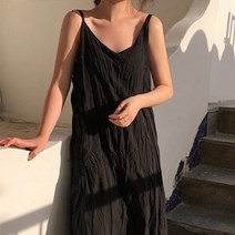 엣지유아 크링클 브이넥 롱원피스 주름 끈나시 데일리 여성원피스