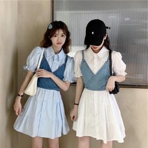 퍼프소매 셔츠원피스 프렌치 헵번 스타일 여성 벌룬소매 싱글 버튼 A라인 데님 끈나시 슬립 4056785872
