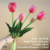 인조화분 조화식물 인조식물 실리콘 튤립 (3 꽃 + 2 봉오리) 부케 리얼 터치 핑크 칼라 홈 인테리어, 06 5 piece per bunch