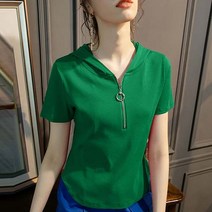 데일로엔 여성용 반팔 후드 베이직 지퍼 티셔츠