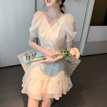 베이지 브이넥 반팔 원피스