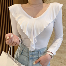 [파인스토리]여자 브이넥 프릴 카라 슬림핏 티셔츠