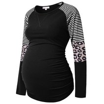 Bhome 긴팔 임산부 티셔츠 컬러블록 야구 티 캐주얼 임산부 튜닉 탑 블랙.