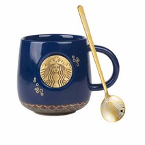 스타벅스 머그컵400ml 블랙 황동싸이렌 카페머그잔 커플 커피잔 1인용 스벅정품 스푼포함, 블루머그+스푼