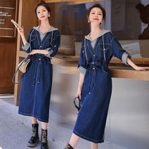Momolatti 여성 후드 미디엄 롱 데님 원피스