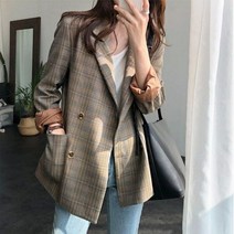 여성 블레이저 정장 자켓 체크무늬 루즈 스타일 오피스 클래식 아우터 롱 레저 패션 레트로