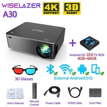 빔프로젝터 가정용 4K 캠핑 소형 스마트 wiselazer a30 휴대용 led 프로젝터 네이티브 19201080p 해상도 풀 HD 비디오 프로젝터 지원 홈 시어터 영화, a30 64g 추가, 나는 플러그