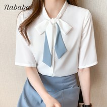 나바바 NB709 여성 배색 리본 반팔 블라우스