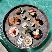 대형 라탄트레이 발리 호텔 워터 플로팅 수영장 식사 풀빌라 피크닉 바구니 우드 사각 등나무, C. 원형+구멍 블랙 80X20