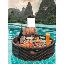 플로팅트레이 수영장 조식 식판 펜션 음료수 바구니, 월넛 원형 트레이 (80x20)
