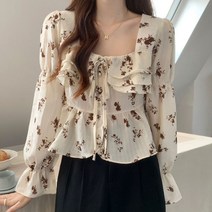 [랜덤플레이] 스퀘어넥 플라워 삼중프릴 벌룬 블라우스