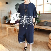 2022 여름 남 면마 반팔 세트 빅 사이즈 면마 티셔츠 7부 팬츠 투피스