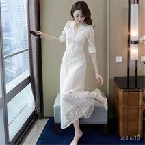 TANC 진주 프릴 자수 레이스 롱 원피스