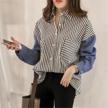 [바니드] 여성 소매 배색 스트라이프 셔츠 롱셔츠코디 여성난방 0796
