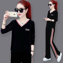 Momolatti 여성 브이넥 벨벳 트레이닝 세트 가을 겨울 캐주얼 투피스