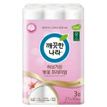 깨끗한나라 허브가든 벚꽃 프리미엄 3겹 롤화장지 천연펄프 27m, 30롤, 1팩