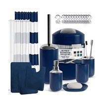 Clara Clara Clark 욕실 세트 – 라이너가 있는 욕실 샤워 커튼 세트 20PC 욕실 액세서리 세트 욕실 세트 라이너와 후크가 있는 샤워 커튼 세트가 있는 검은색, Navy, Complete Set + Bath Rugs