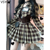 vsyoy 영국 학술 스타일 디자인 감각 슬림 끈이없는 JK 유니폼 체크 무늬 수트 플리츠 스커트 3 피스 패션