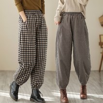도니와 여성 밴딩 체크 배기 누빔 팬츠