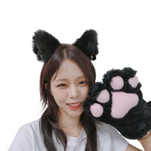 리빙듀오 고양이 장갑 머리띠 세트 파티 인생네컷 학예회 할로윈 소품, 블랙