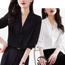 브이넥 블라우스 오피스룩 베이직 쉬폰 정장 흰색 블랙 셔츠