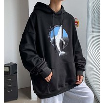 폼(Form) 남녀공용 커플 고래 프린팅 오버핏 후드 티셔츠