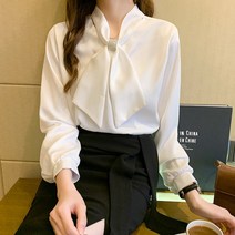 넷투넷코리아 여성 블라우스 긴팔 하객룩 리본넥 데일리 심플 무지