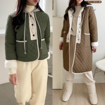[파인스토리]퀼팅 뽀글이 안감 배색 후드 패딩 하프 버전 롱패딩 버전 2가지 종류