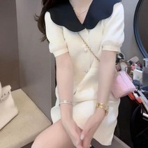 빈티지 브이넥 프릴 와플 원피스 여 루즈핏 물빠짐 잔향기 더블 반팔 스커트