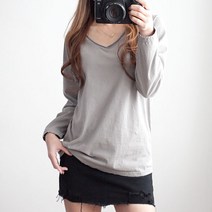 여성 말린 브이넥 워싱 무지 흰티 여자 기본 이너 v넥 봄 가을 흰색 면티 긴팔 티 티셔츠