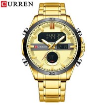 스마트워치끝팥왕 CURREN 골든 쿼츠 시계 LED 디지털 Luminou 손목 듀얼 디스플레이 남성 StainlessSteel Relogio Masculino 8384, [02] Golden