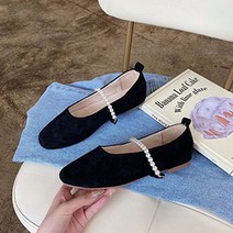 따봉오빠 1cm 여성 사각코 슬림 핏 진주 스트랩 플랫 단화 블랙(DB186)