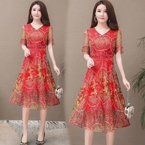 예복원피스 아나운서 빅사이즈 레트로 스타일 캐주얼 V 넥 메쉬 프린트 무릎 길이 a 라인 드레스 여성용