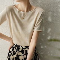 여성 펄 글리터 라운드 니트 반팔 티셔츠