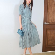 프롬코 여성 기하학 포켓 반팔 카라 셔츠 롱 원피스