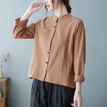 빈티지 긴팔 셔츠 여성의류 전문점 외주 단아한 긴소매 봄계절 클래식 면린넨 블러킹 버튼 상의 4800021246
