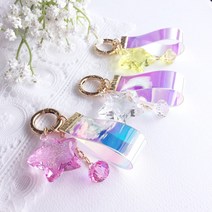 문크리스탈 블링블링 홀로그램 스트랩 얼음 별 버즈 에어팟 키링 자동차 열쇠고리, 옐로우 O형고리, 블링블링 홀로그램 스트랩 얼음 별 키링