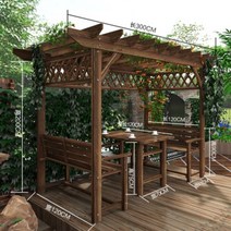 옥상 파고라 그늘막 정자 바베큐 파라고 오두막 펜션 야외 나무 테이블 의자 탄화색, 벤치형 길이 3m x 폭 1.7m + 테이블