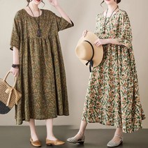 코카마니 여성 빅사이즈 라운드넥 나뭇잎 꽃무늬 편한 플레어 롱 원피스