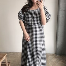 [메이드바이원] 아방한 퍼프 벌룬 소매 체크 지지미 롱 원피스 루즈핏 A라인