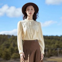 여성 긴팔 블라우스 레이스 스탠드 칼라 루즈 셔츠 예술적 자수 아름다운 살구색 상의 가을