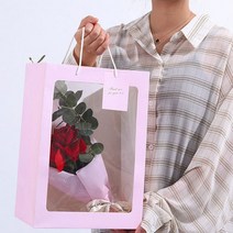 KAY&JAY 꽃다발윈도우쇼핑백 선물포장용 플라워쇼핑백 종이가방 꽃케이스 답례품 고급쇼핑백, 핑크