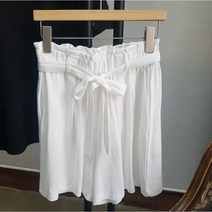 상상그이상 여성용 리본 끈조절 프릴밴딩 여름 린넨 반바지 시원한 편안한 밴딩 팬츠