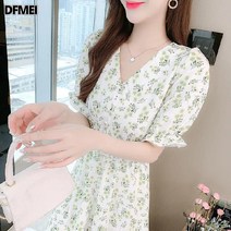 DFMEI 반팔 쉬폰 원피스 브이넥 모리 플라워 선녀 롱스커트