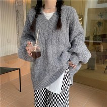 오르네트 여성 루즈핏 박시 도톰한 꽈배기 브이넥 니트