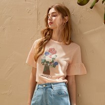 써스데이아일랜드 여성 반팔 티셔츠 스카시 자수 복고풍 프릴 소매 캐주얼
