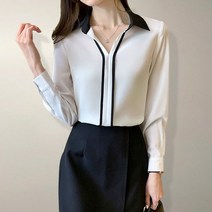 퀸이즈 레비 모던 라인 배색 오픈 카라 블라우스