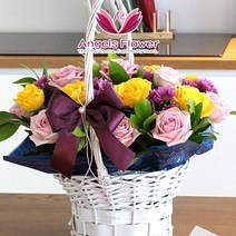 엔젤스플라워 꽃배달서비스 생화 장미꽃 바구니 공기정화 관엽식물 축하바구니 프로포즈, F01_러블리핑크 고급형, 1개